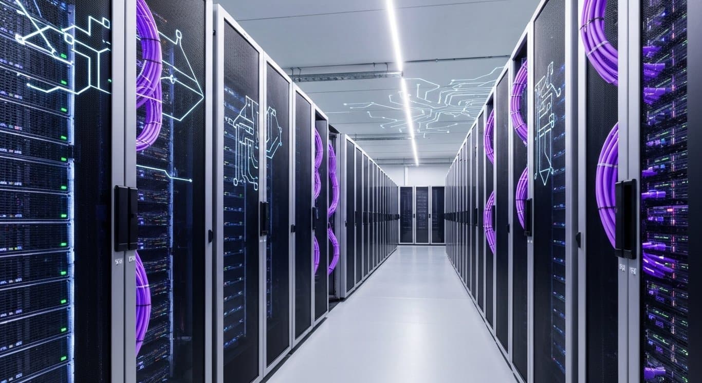 Modern data server racks with glowing cables in a spacious, purple-lit tech facility