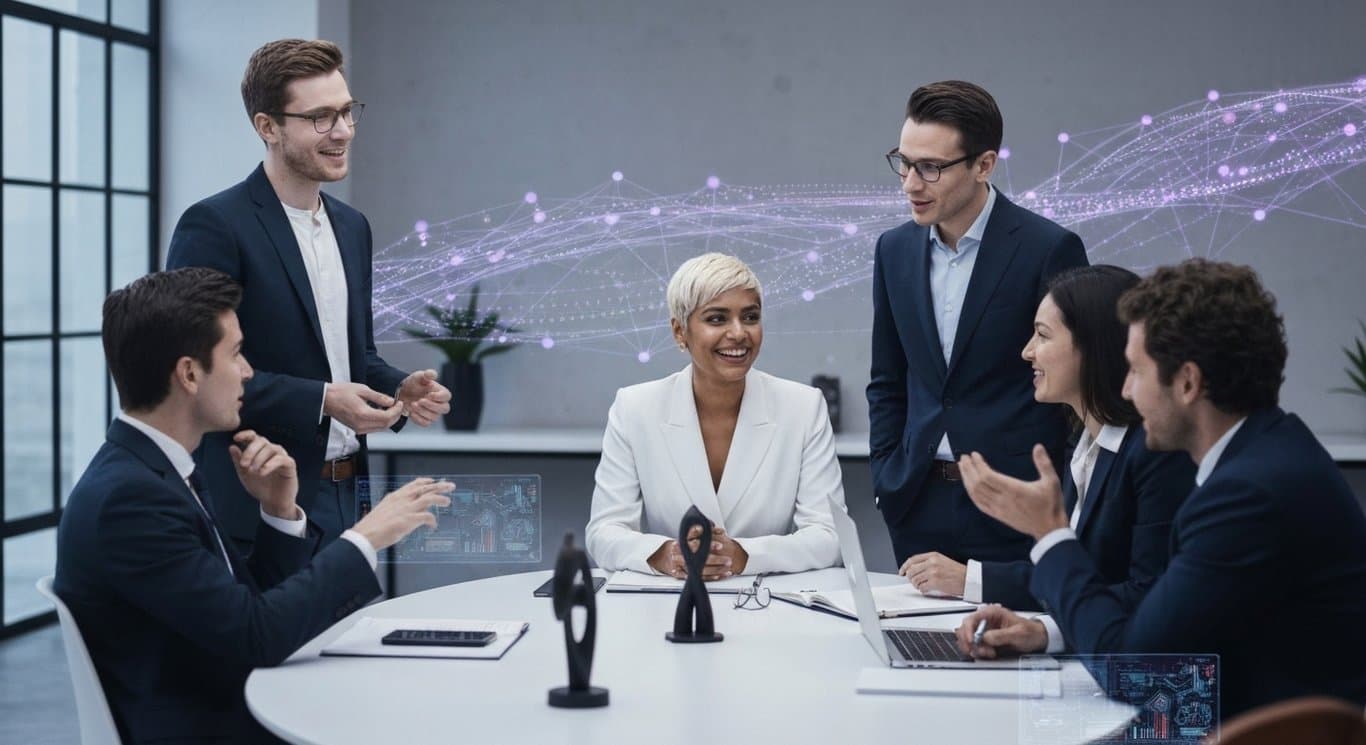 Business professionals discussing at a round table with digital network visuals and AI motifs in a modern office