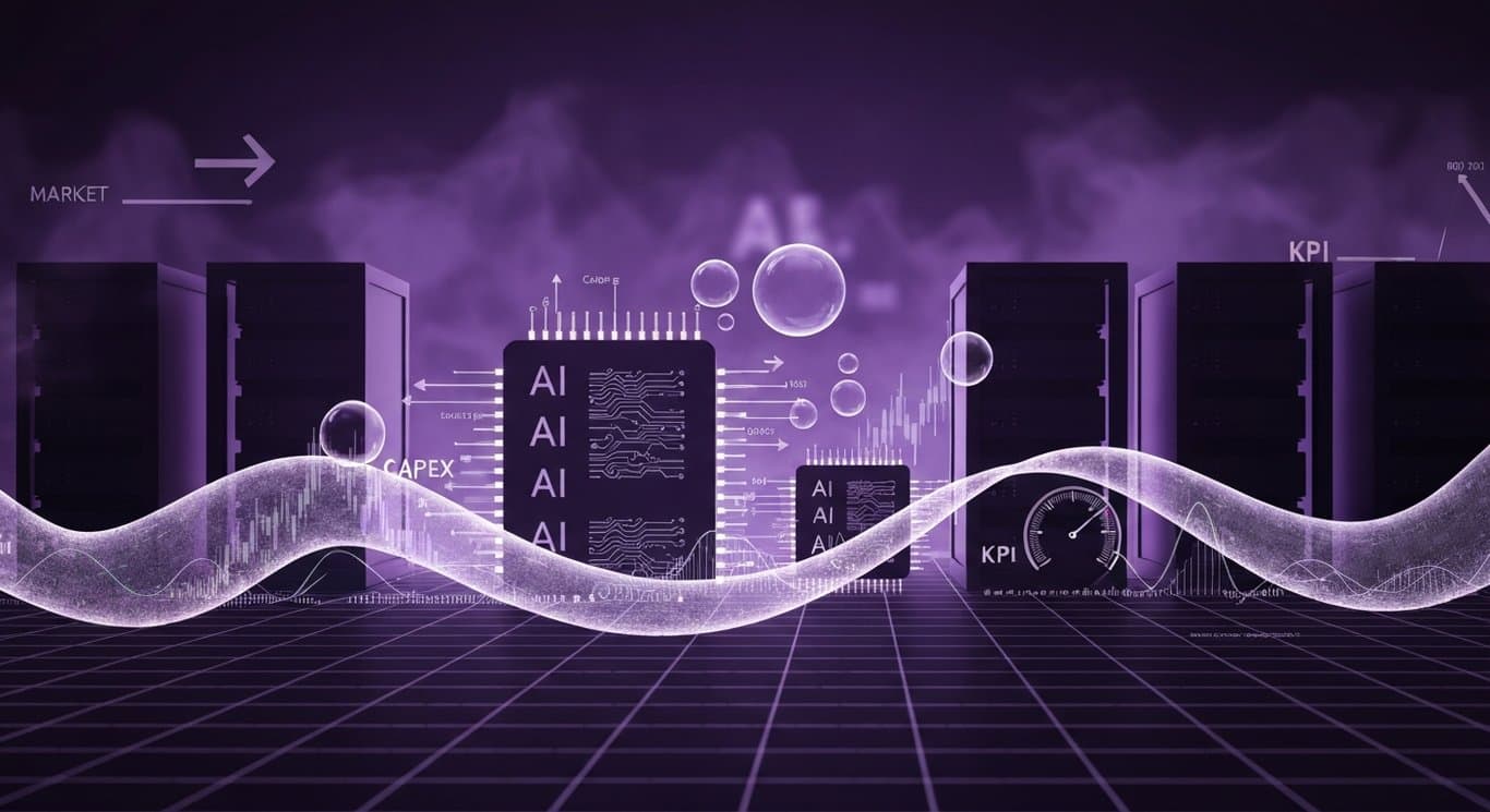 Abstract AI investment visualization highlighting capex bubble risk, ROI pressure, and guidance-sensitive markets with sector