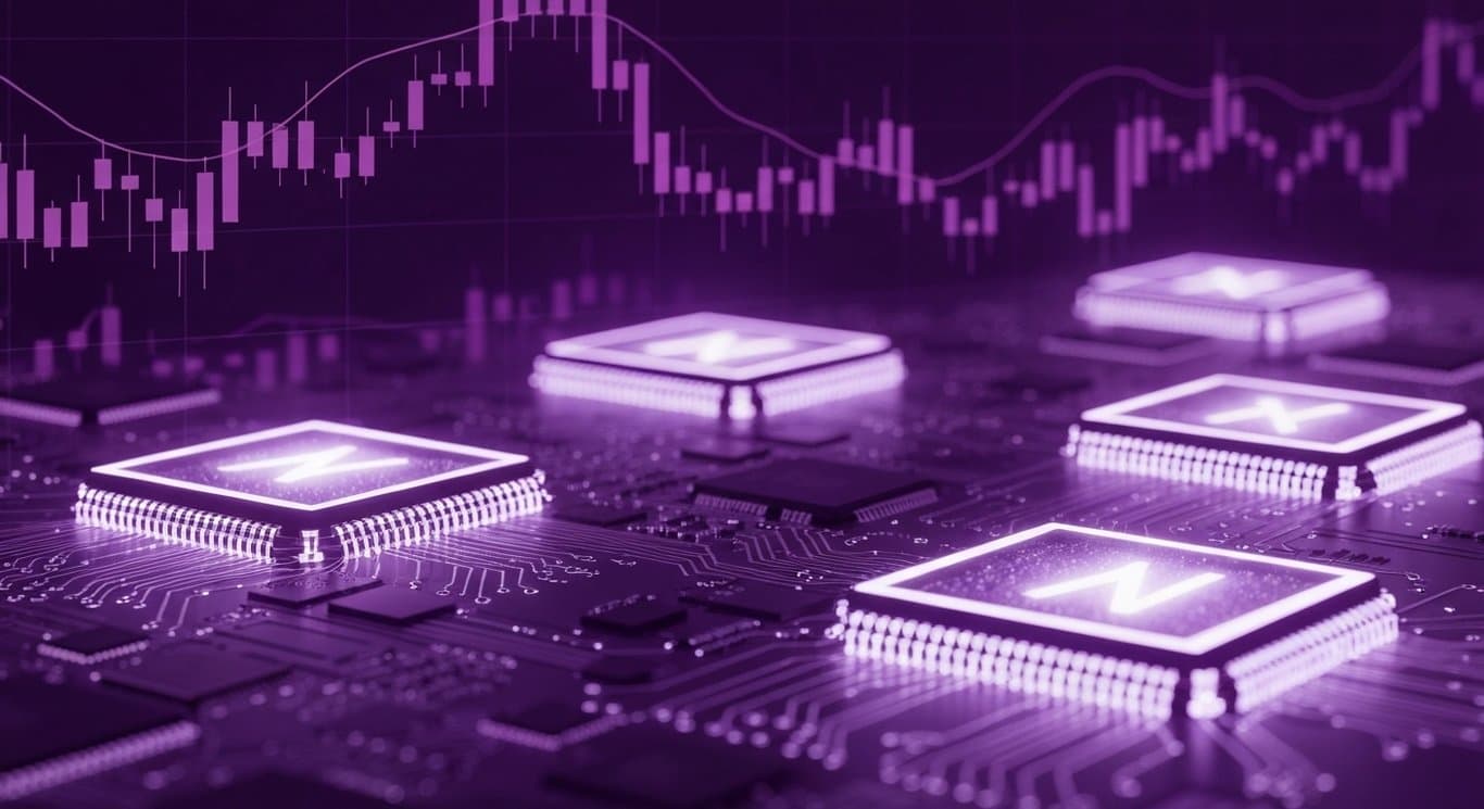 Futuristic circuit board with glowing AI chips and abstract market chart lines in purple tones
