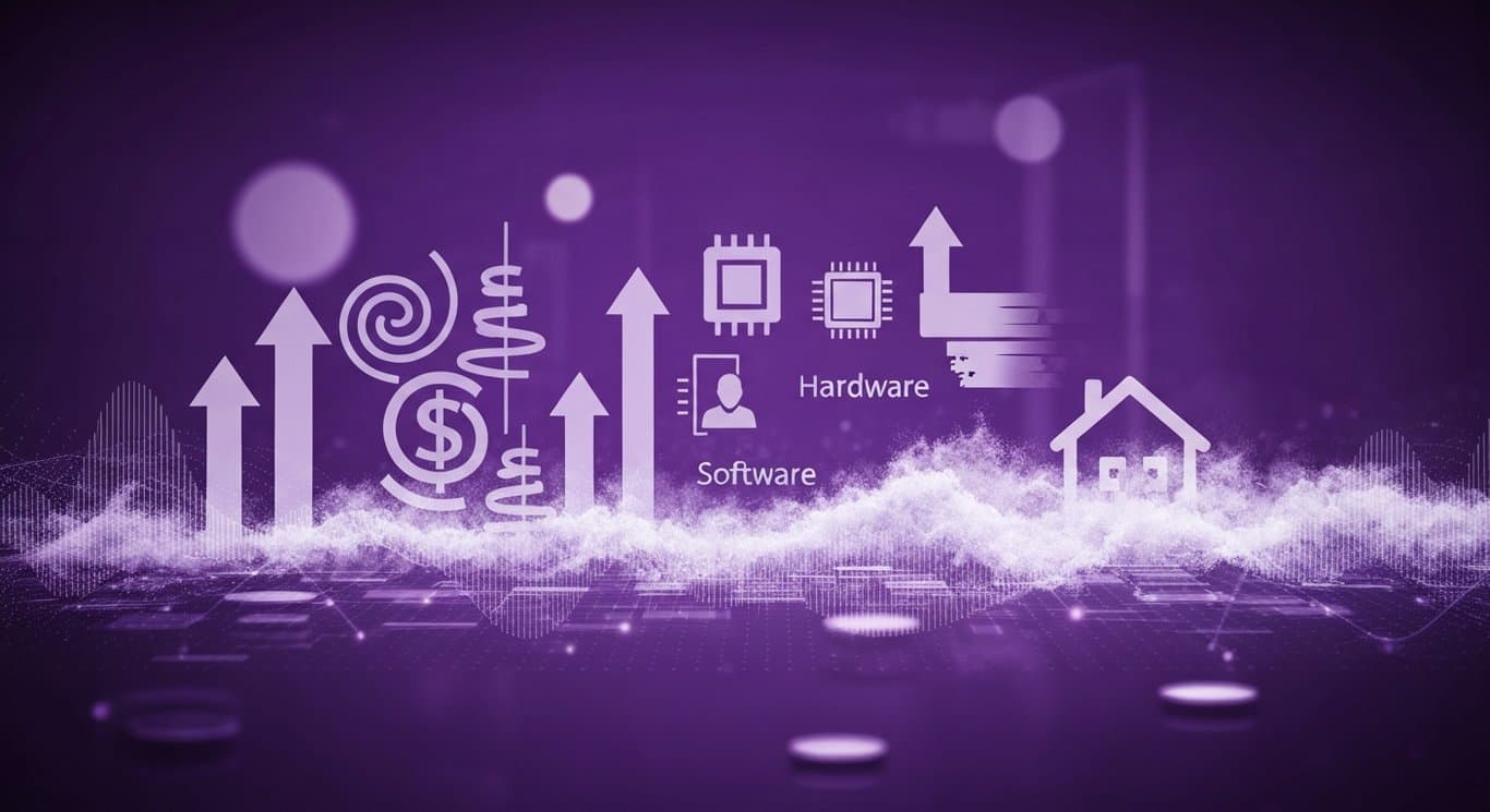 全球市場波動、油價上漲與通膨風險，科技板塊分化與房市回暖的紫色主題視覺