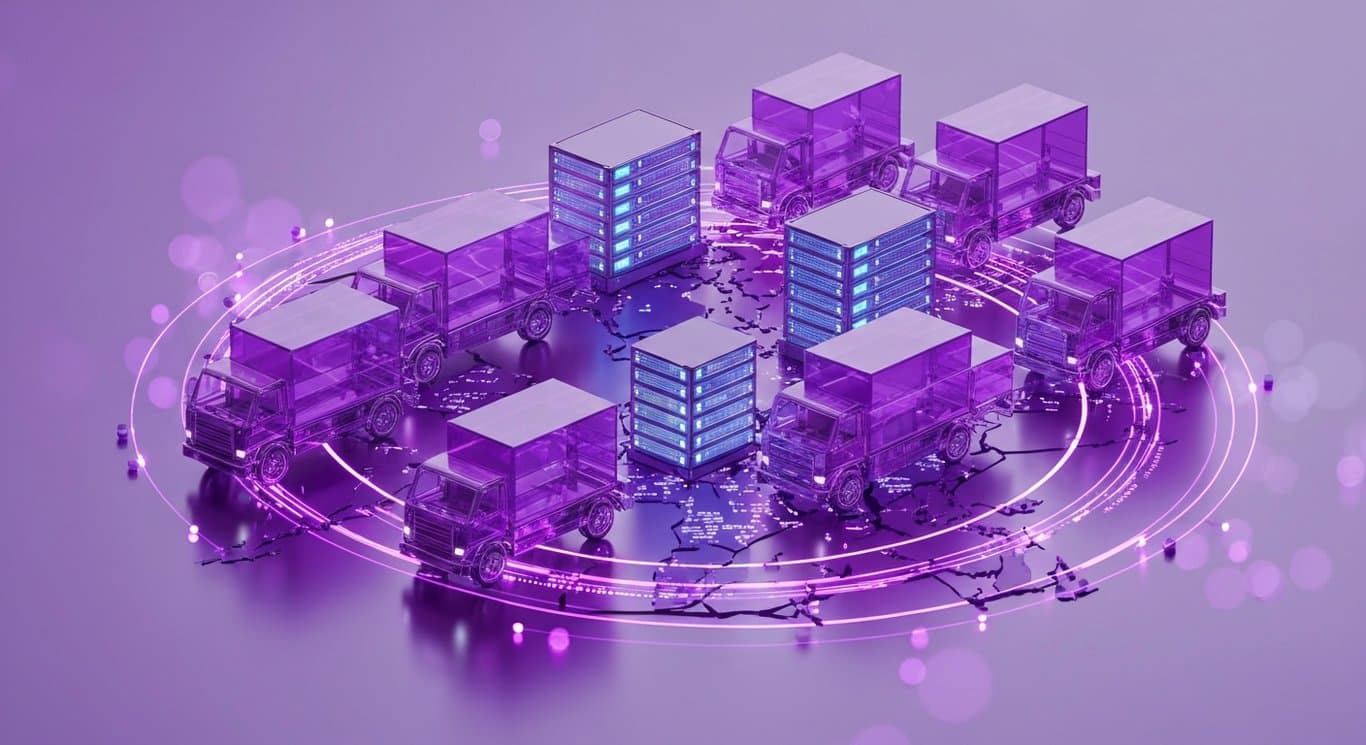 Logistics disruption and AI data center visual with purple delivery icons, server racks, market arrows, global tensions