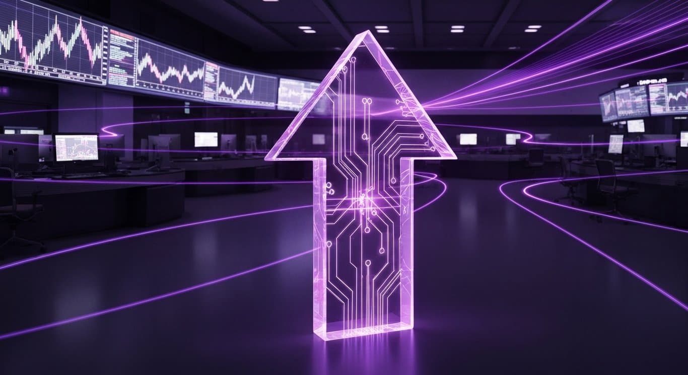Glowing glass upward arrow on a sleek trading floor with purple light trails and abstract market graphs