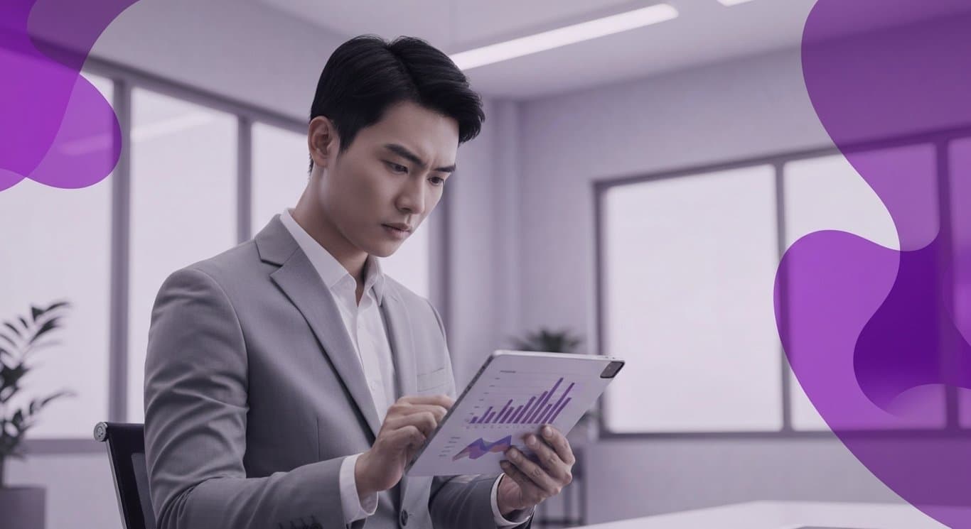 Business executive reviews financial charts on a tablet in a modern office with a purple-hued background