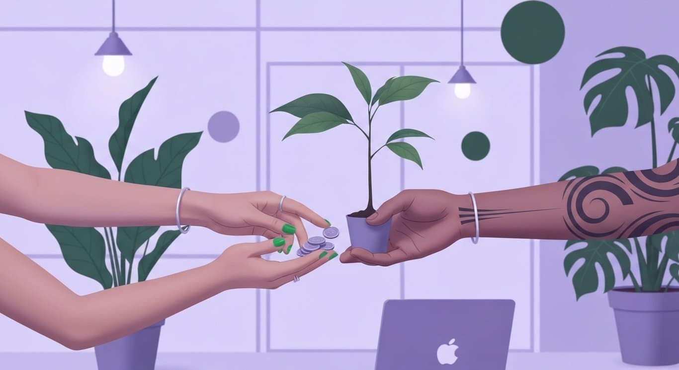 Hands exchanging saplings and coins in an abstract office with purple and green tones
