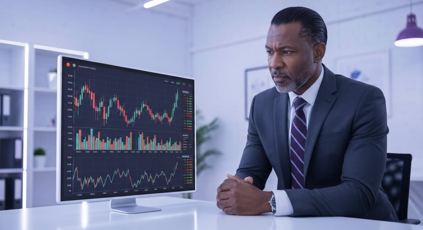 Business person examines a stock chart on a digital screen in a modern office with purple lighting