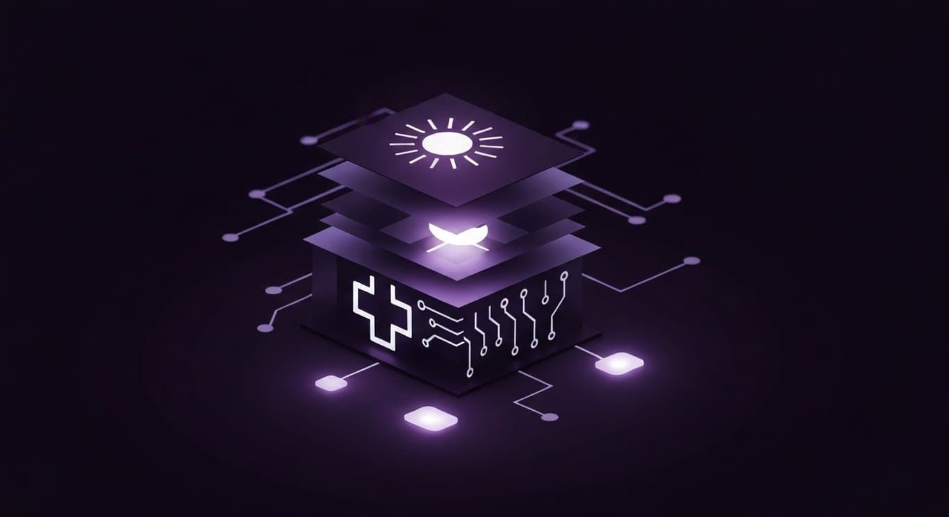 Stacked abstract icons for energy, technology, and healthcare connected by circuitry on a purple background