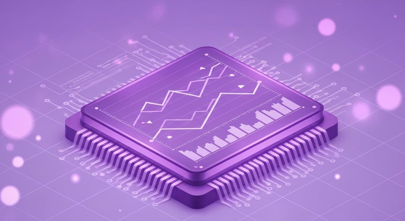 US equity markets with AI gains, sector divergence, inflation, and rate policy in abstract purple visuals