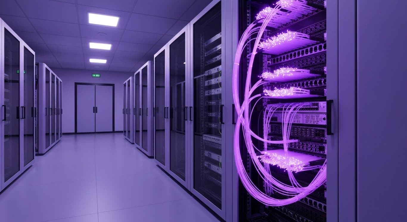 Modern network server rack with glowing cables in a sleek datacenter bathed in purple light