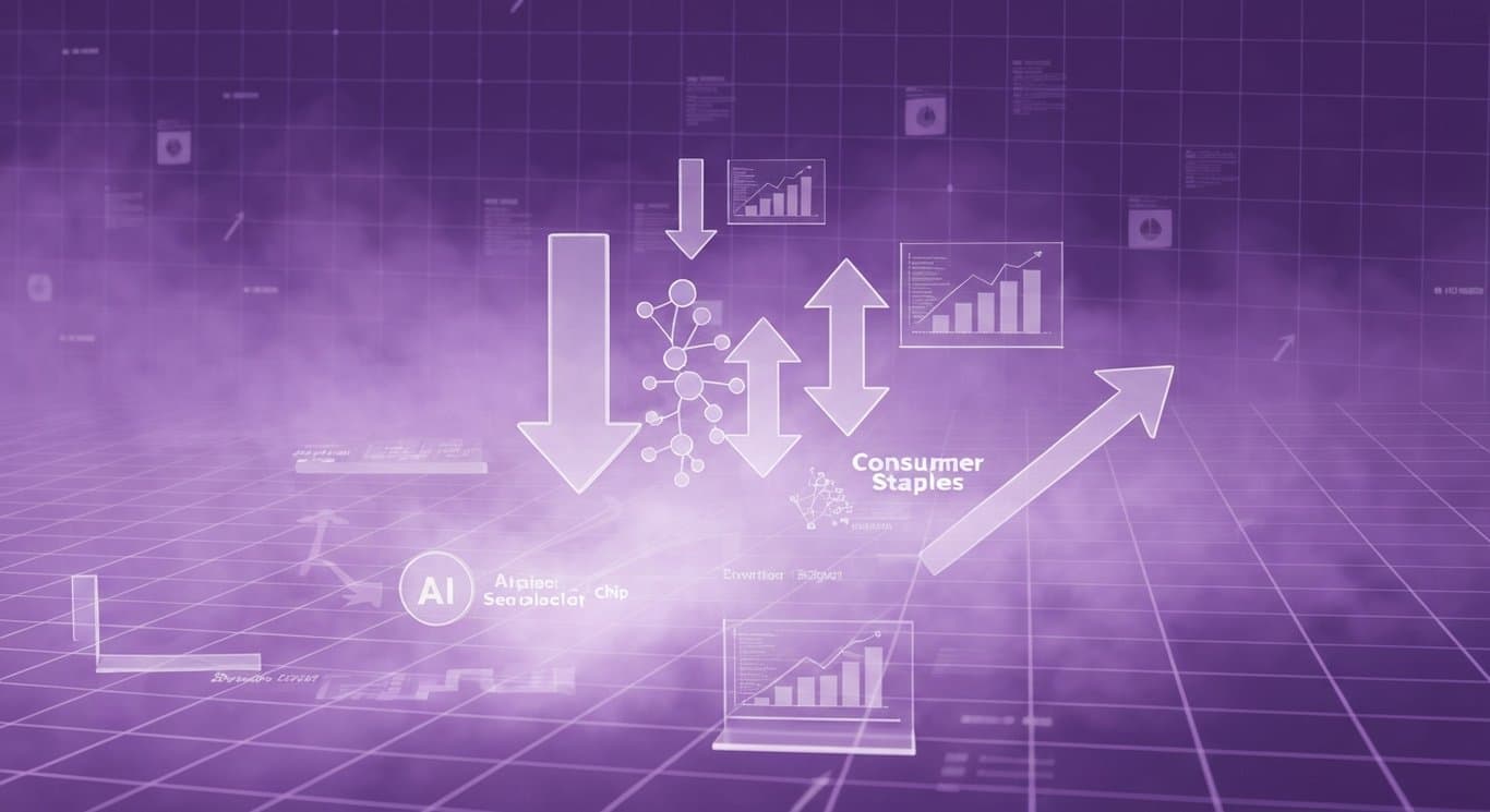 AI and semiconductor stock selloff with rotation to defensive consumer staples, abstract purple market trends visualization