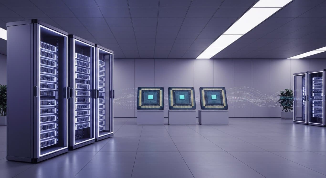 AI server racks and chips in a modern office with abstract digital patterns and a purple-themed background