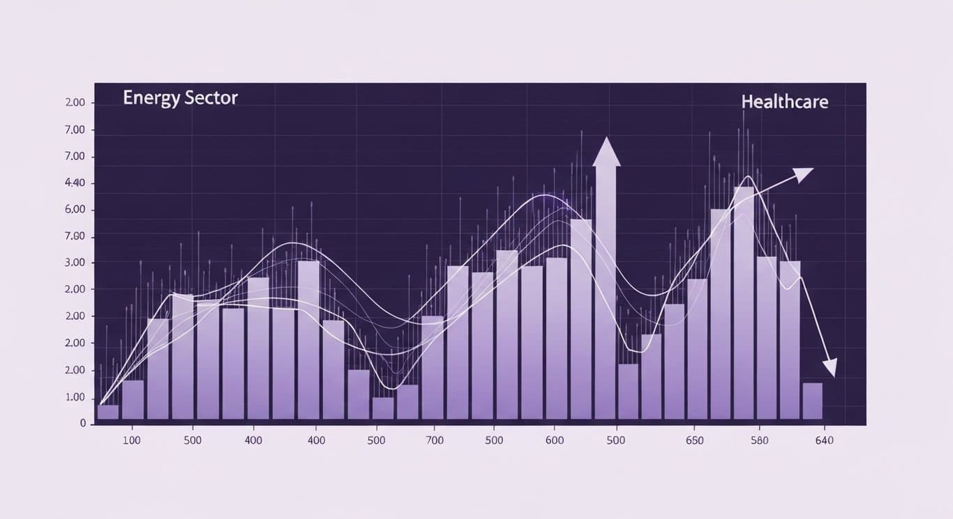 Abstract graph showing energy sector rise and healthcare decline with subtle AI motifs