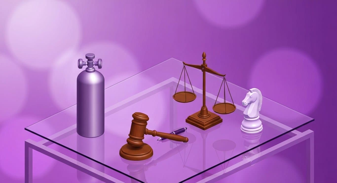 Refrigerant cylinder, balance scale, gavel, and chess knight on a glass desk with soft purple gradient background