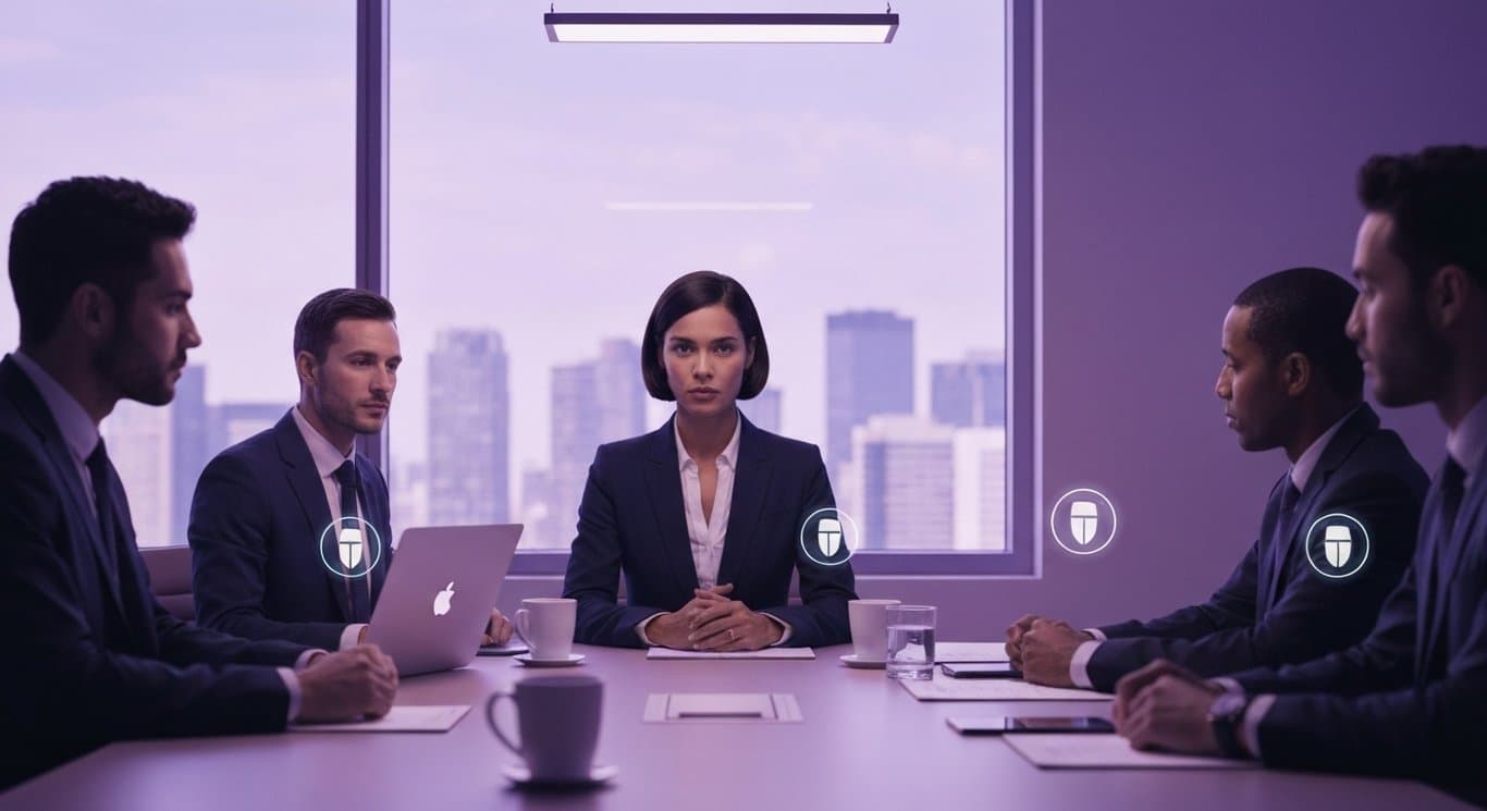 Businessperson at conference table with digital privacy icons in a modern office and a soft purple background