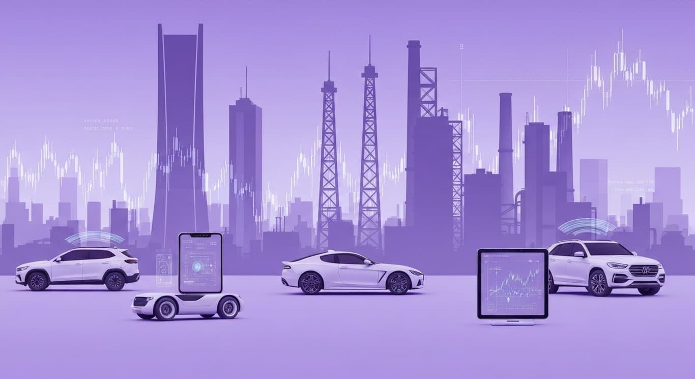 Automotive vehicles and technology devices in front of abstract purple market graph and cityscape