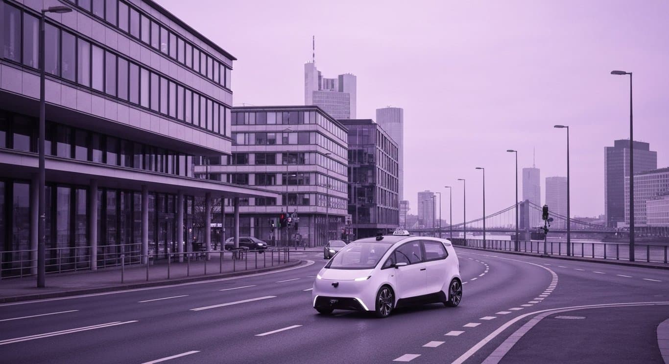 Autonomous taxi vehicle driving through a modern European city with a purple-hued minimalist background