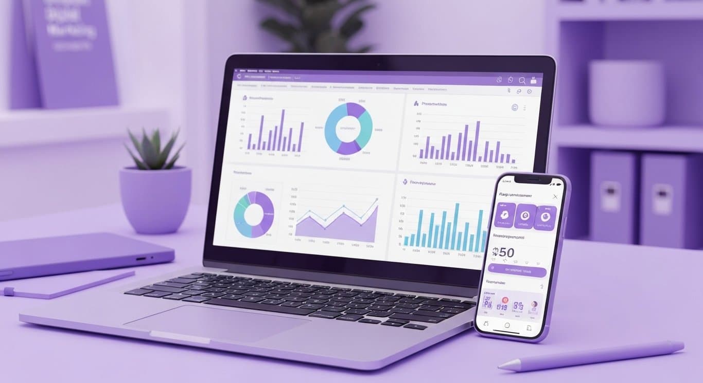 Digital marketing workspace featuring a laptop and smartphone with graphs, set in a modern office with purple accents