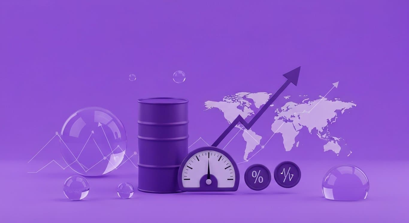 Oil above $100 drives inflation expectations and Fed hike odds, with S&P 500 decline shown in abstract purple market visual