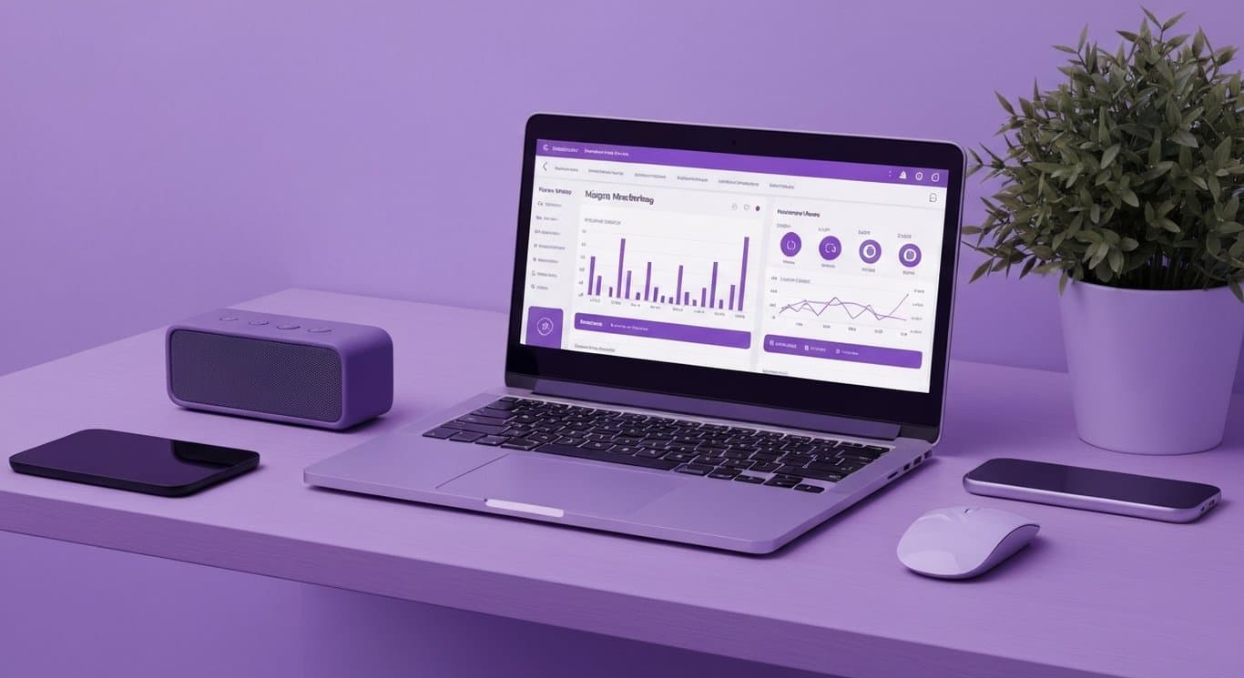 Modern laptop displaying a digital dashboard, surrounded by wireless gadgets and a potted plant in a minimal purple office