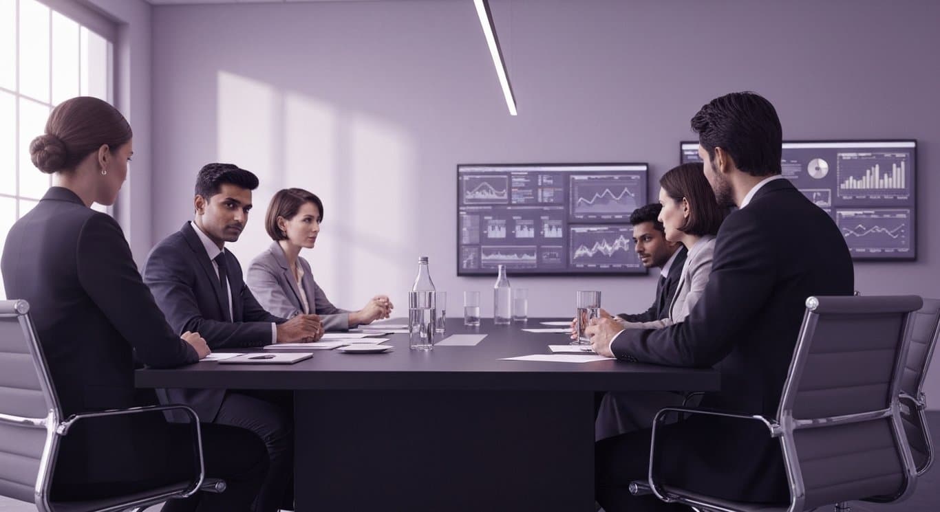 Business people at a conference table with digital graphs on screens in a purple-themed room