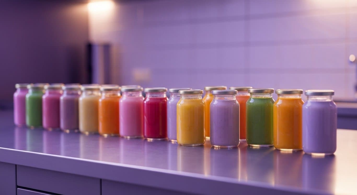 Glass baby food jars arranged on a reflective kitchen surface with a soft purple background
