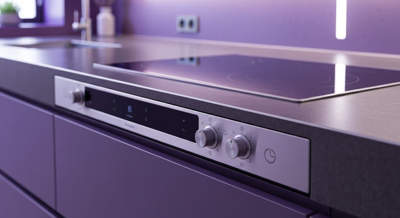 Kitchen appliance on polished countertop with soft ambient purple lighting