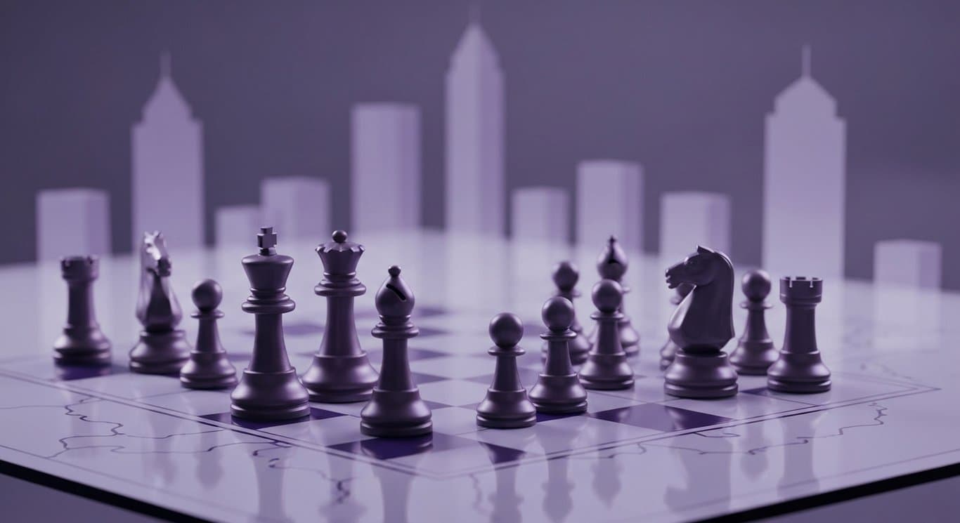 Business chess pieces on a glass map table with abstract city skylines and purple tones