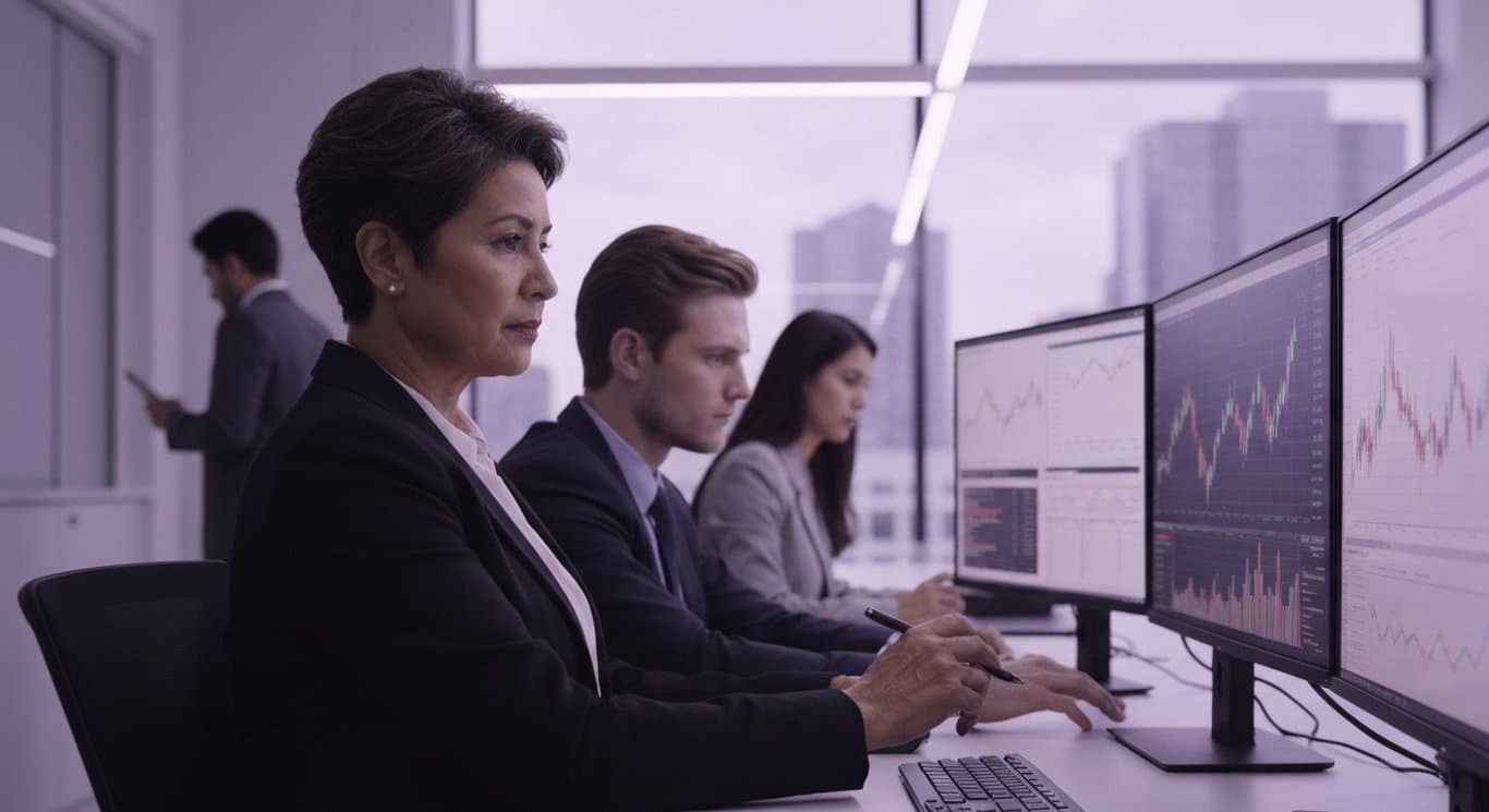 Office workspace with people reviewing digital financial charts against a blurred purple city background