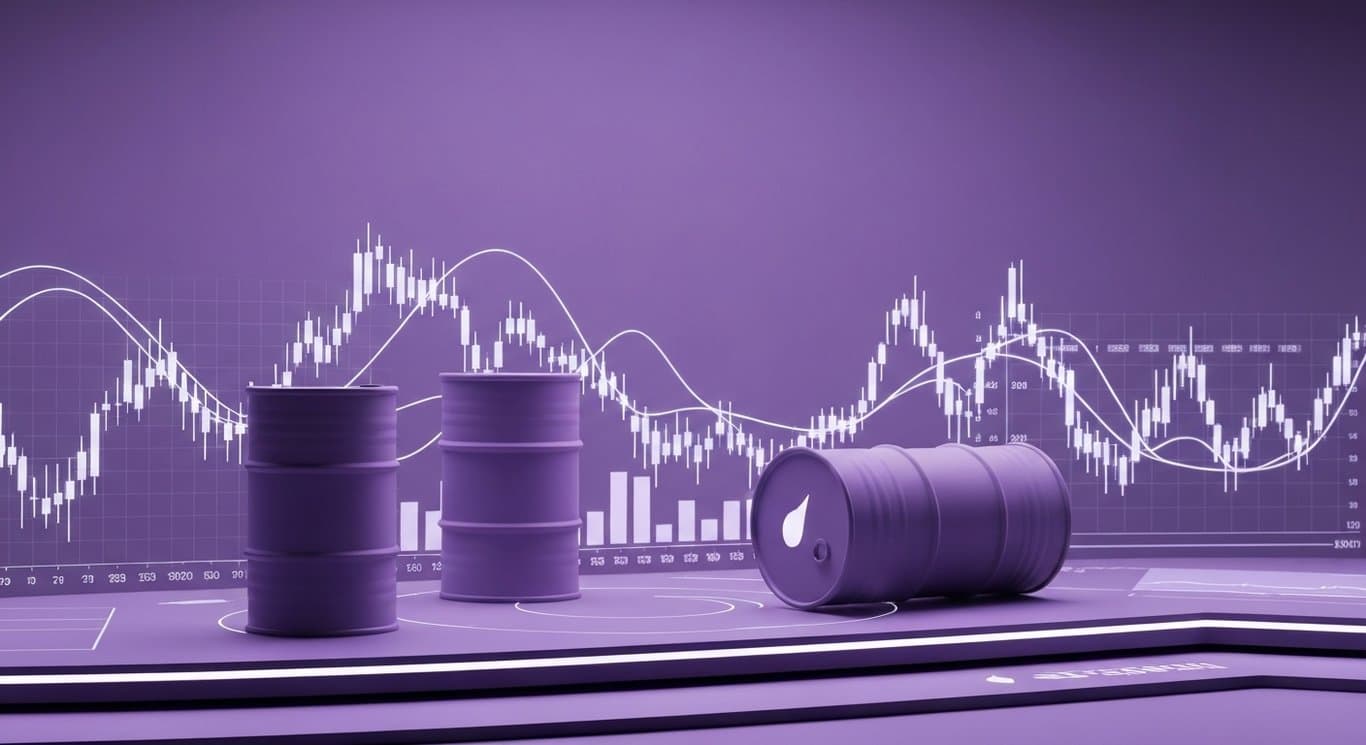 Stock charts and oil barrels on a futuristic trading floor with purple lighting