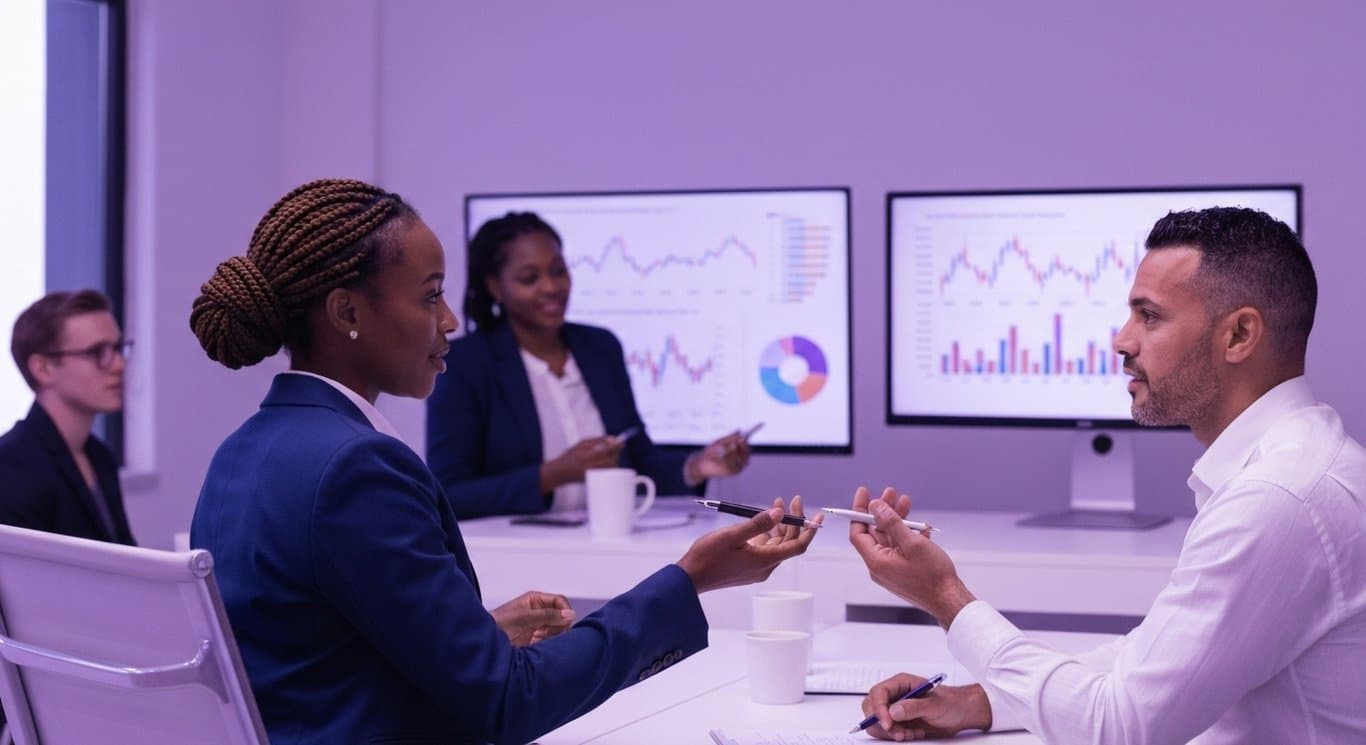 Businesspeople analyzing market trends in a modern office with purple accents