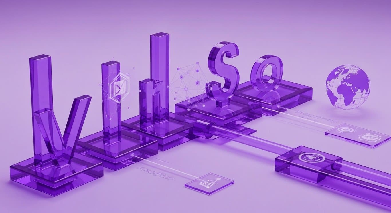 Industry analysis visualization with market trends, data insights, strategy concepts, and technology themes in purple