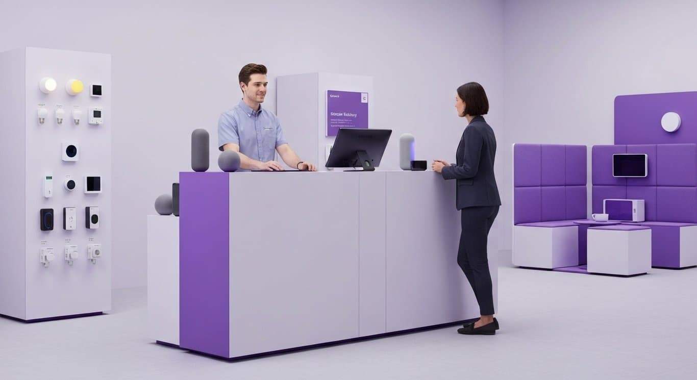 Service counter with technician advising a customer amid smart appliances and modular furniture displays
