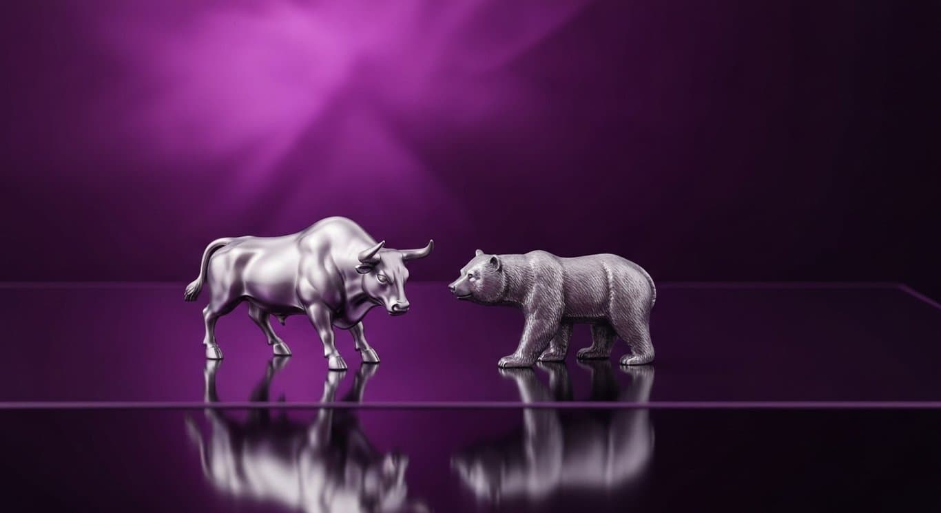 Silver bull and bear figurines on a reflective surface with an abstract purple gradient background
