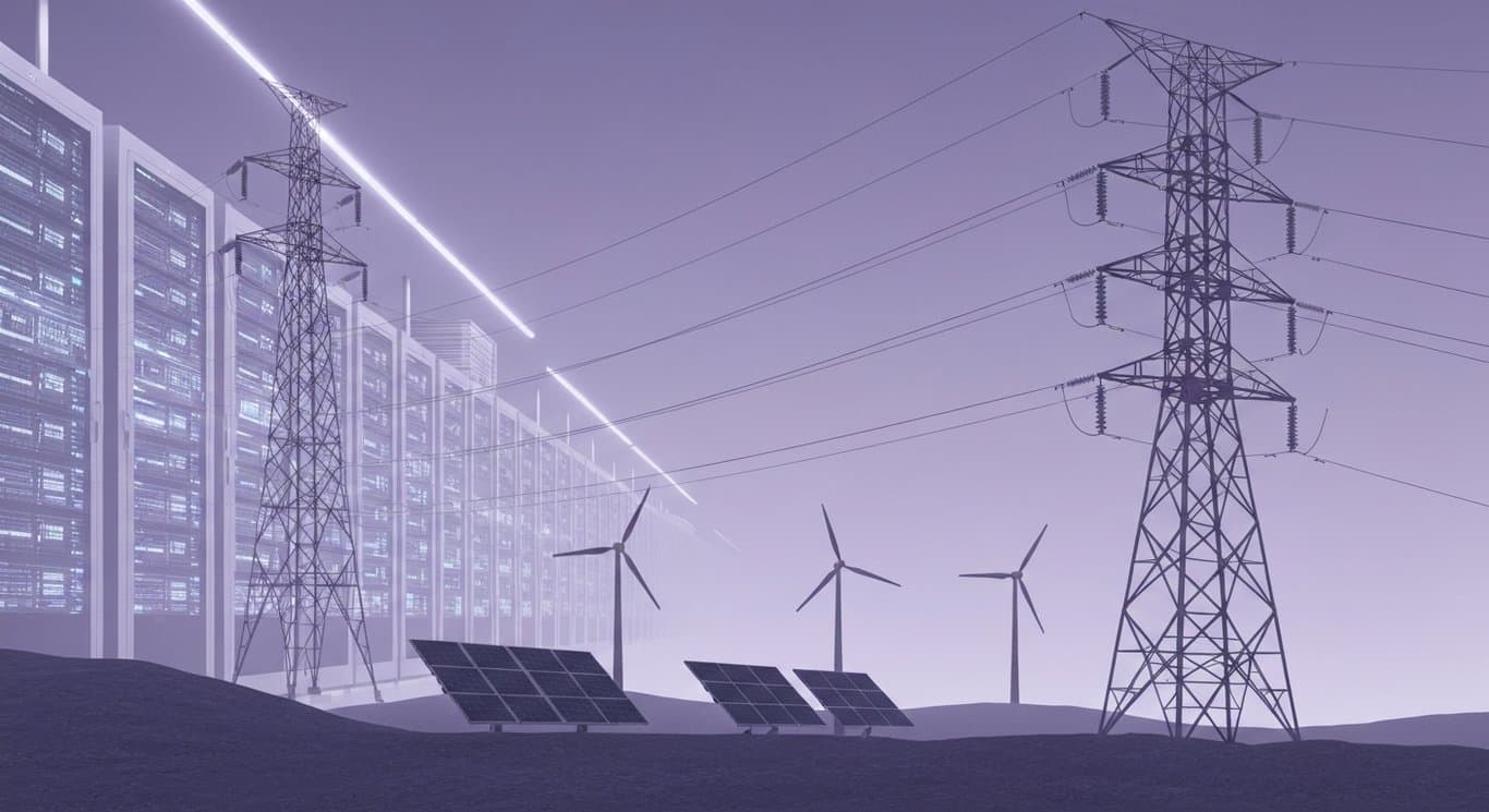 High-voltage power towers and wind turbines near a modern data center with glowing racks, set against a purple backdrop