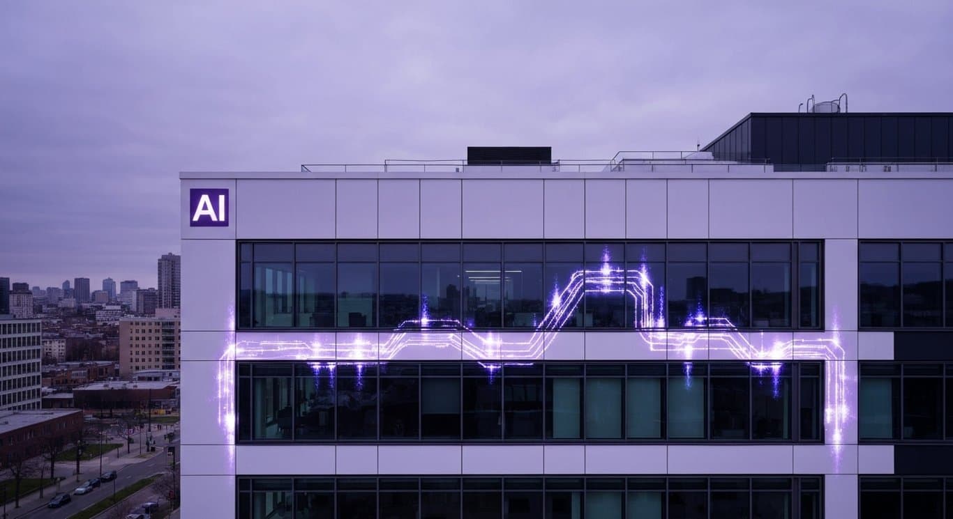 Modern office building with abstract digital elements and a purple-tinted city skyline in the background
