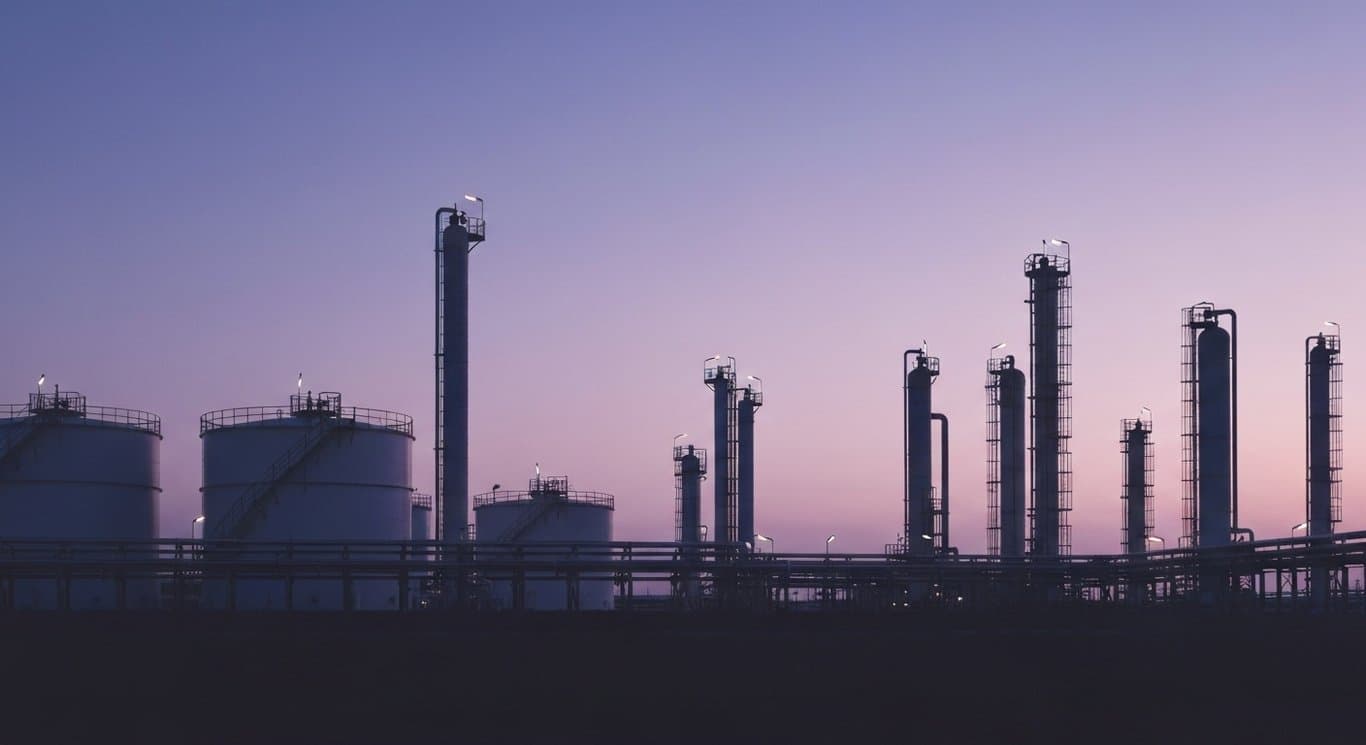 Industrial chemical plant with storage tanks and pipelines set against a soft purple dusk sky