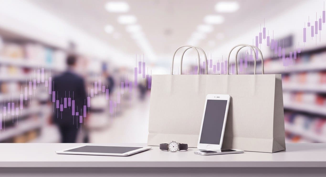 Minimalist shopping bags and electronic devices on a surface with a blurred retail store and purple accents in the background