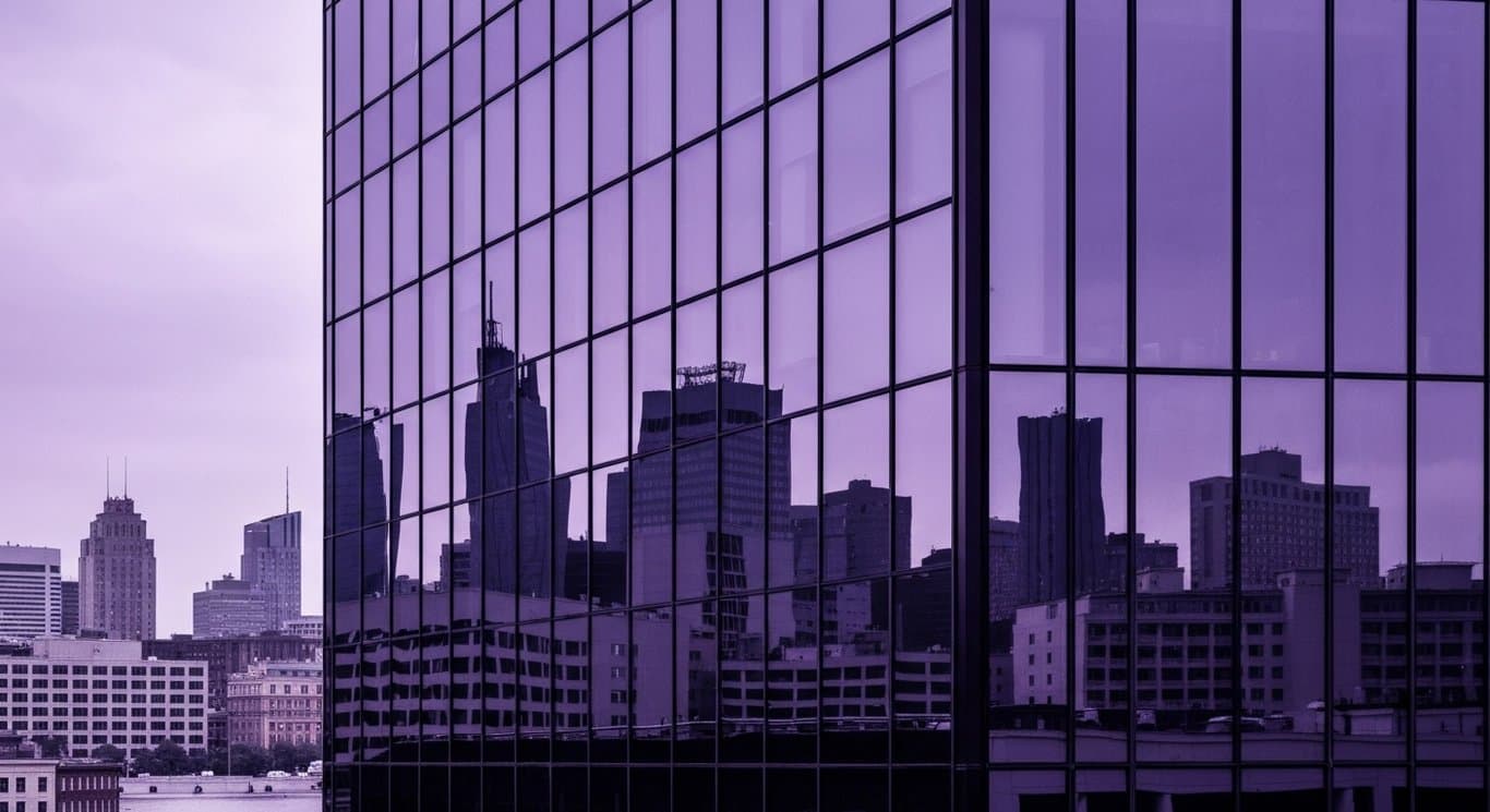 Modern business skyscraper with glass facade against a soft purple city skyline