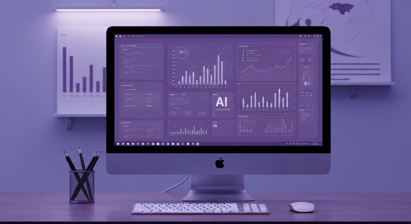 Workspace with sleek computer and abstract AI graphs in a minimalist purple setting