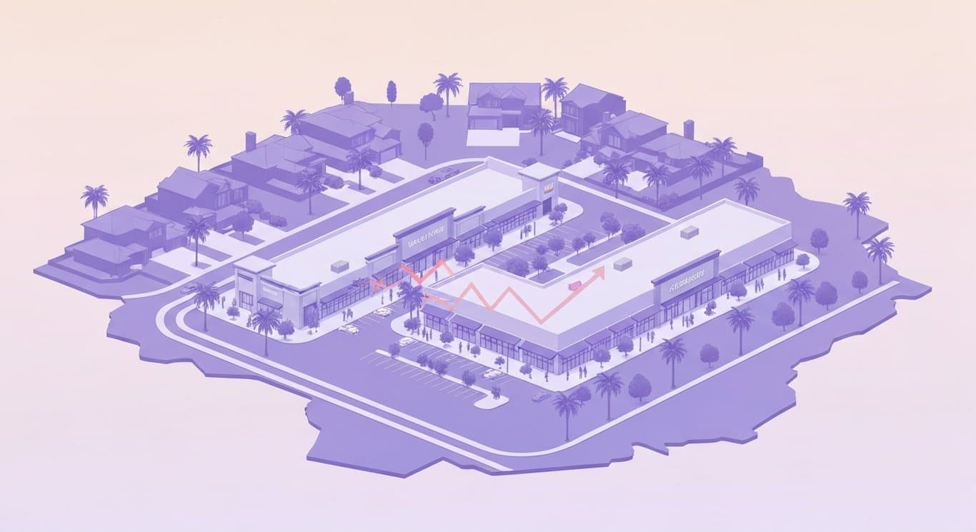 Grocery-anchored retail center with palm-lined suburban map backdrop and soft purple gradient lighting
