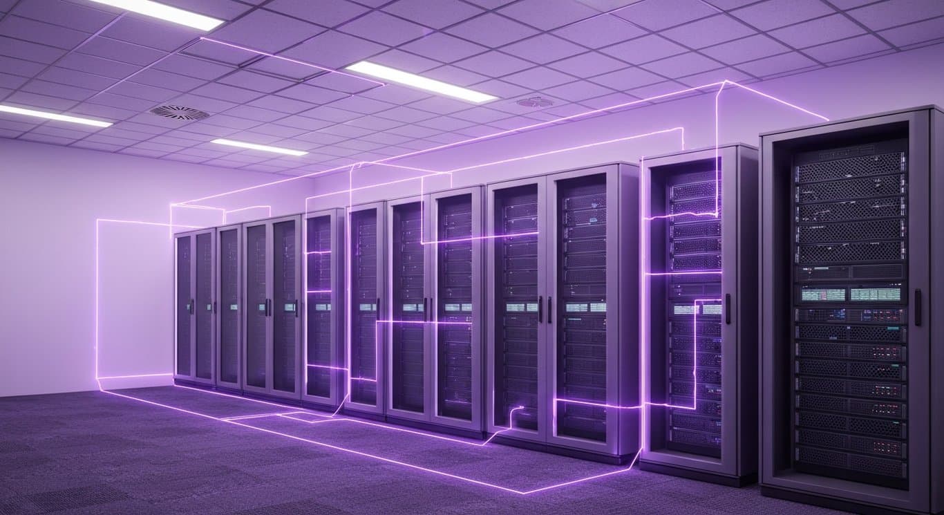 Modern data servers linked by glowing lines in a sleek purple workspace