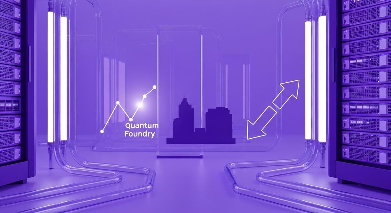 Liquid-cooled AI data center with quantum computing foundry theme and split sector market trends
