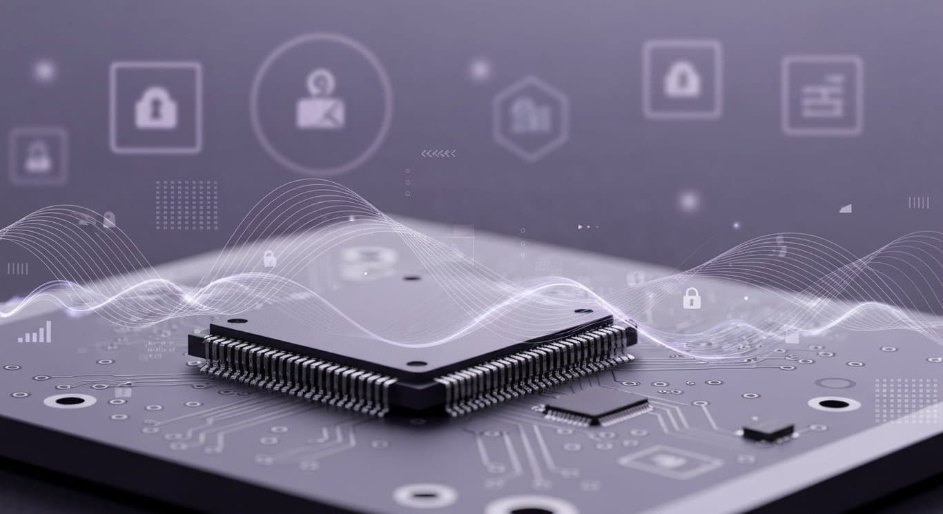 Microchip on circuit board with abstract energy waves and digital motifs, set against a soft purple-themed background