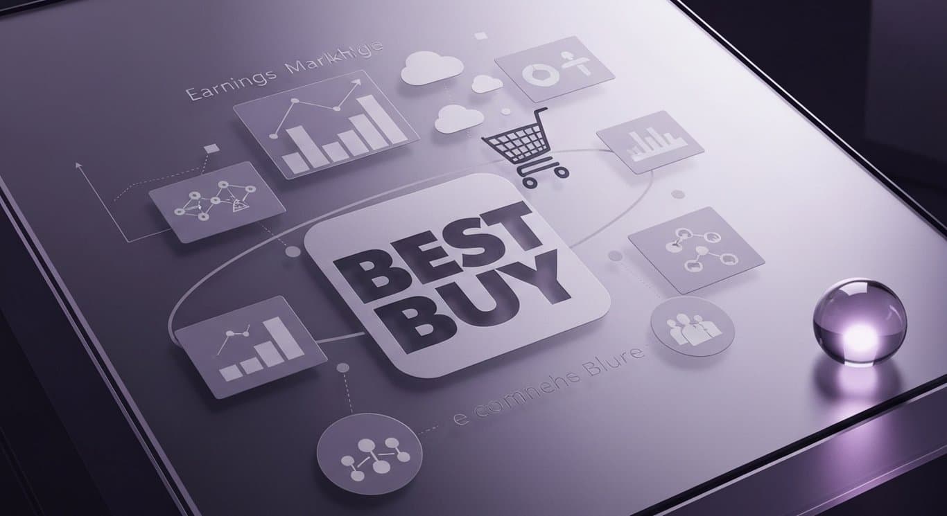 Retail logo with earnings charts, marketplace tiles, e-commerce icons, and partnership links in soft purple light