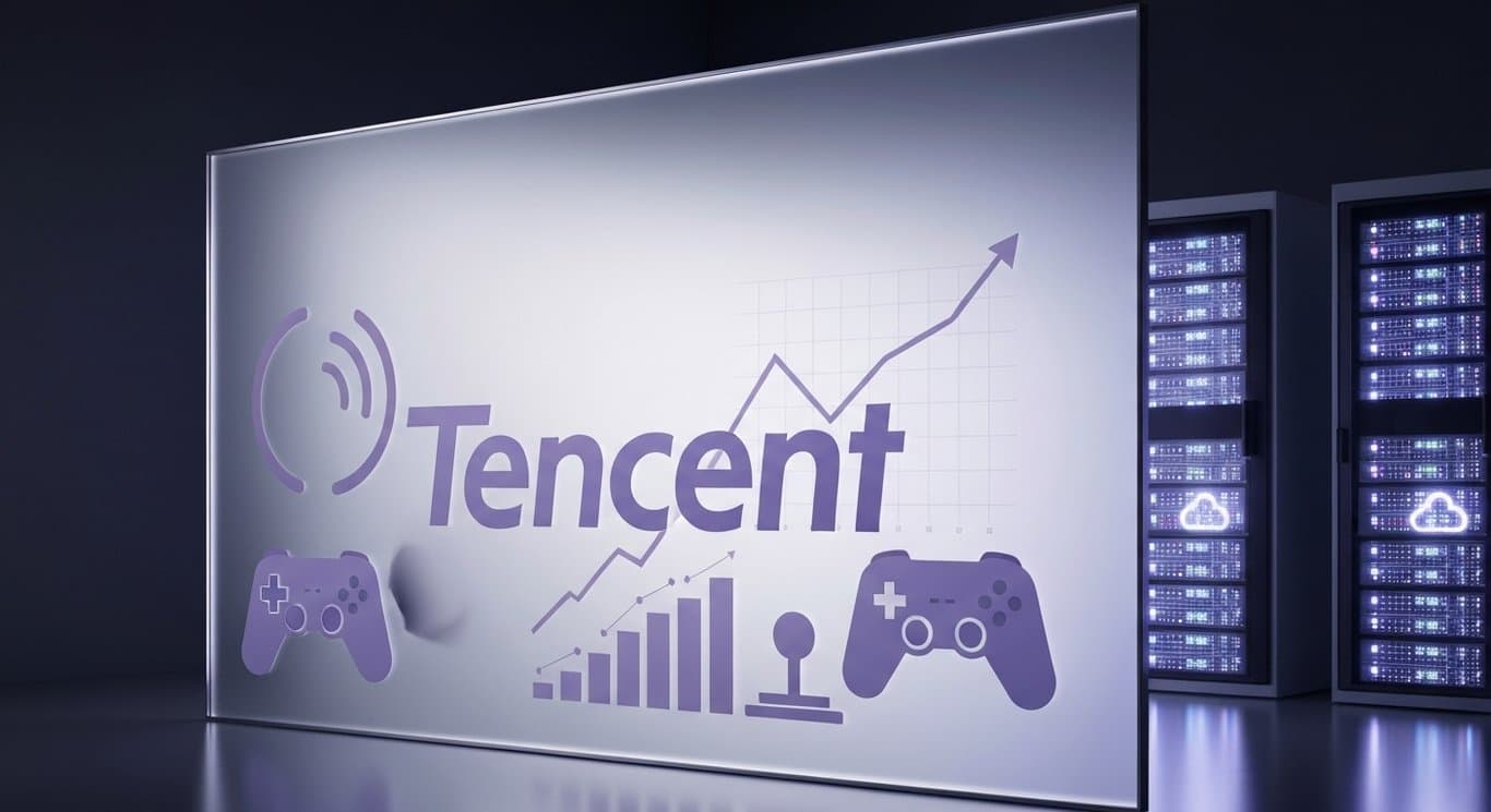 Logo in frosted glass with gaming icons, rising ad graphs, cloud AI glow, purple lighting