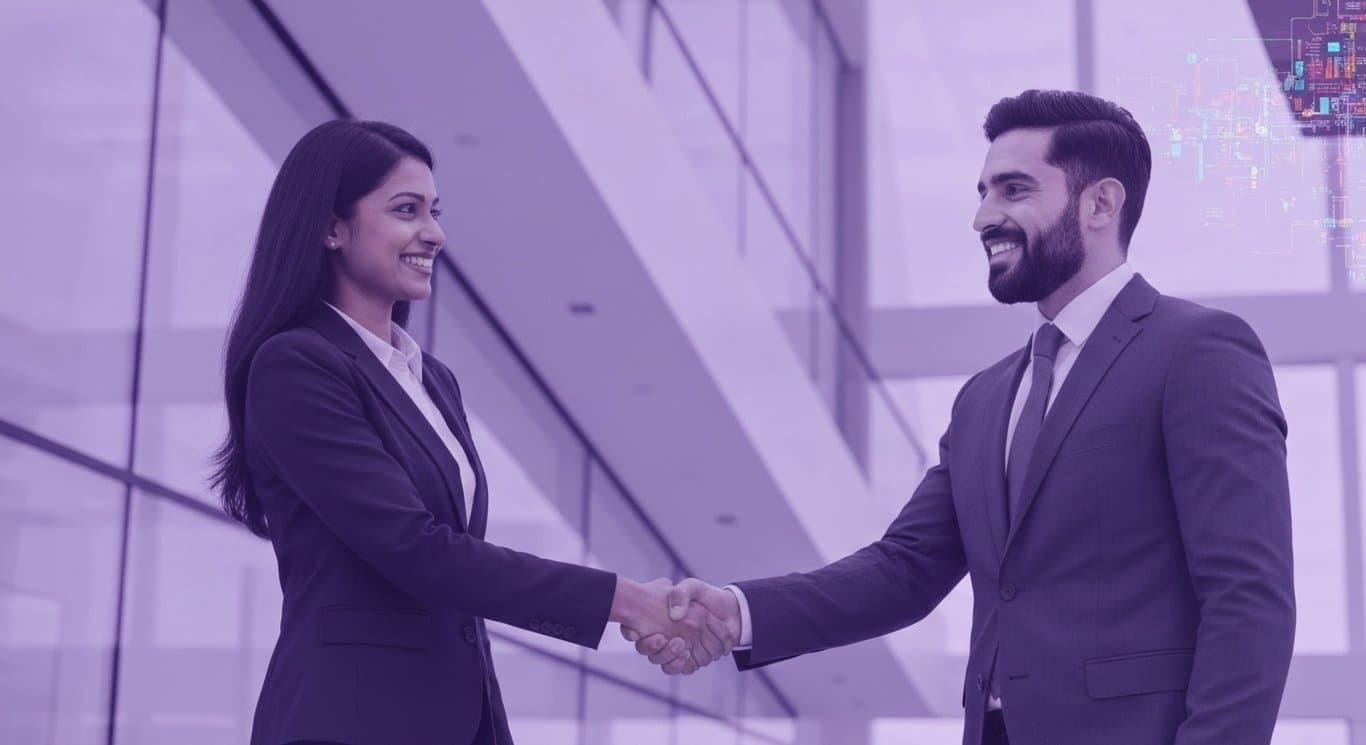 Business professionals shaking hands in a modern office with purple abstract tech accents