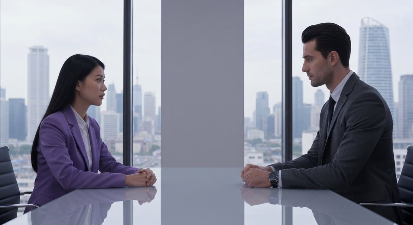 Two professionals discuss across a glass table in a modern office with a city skyline visible through large windows