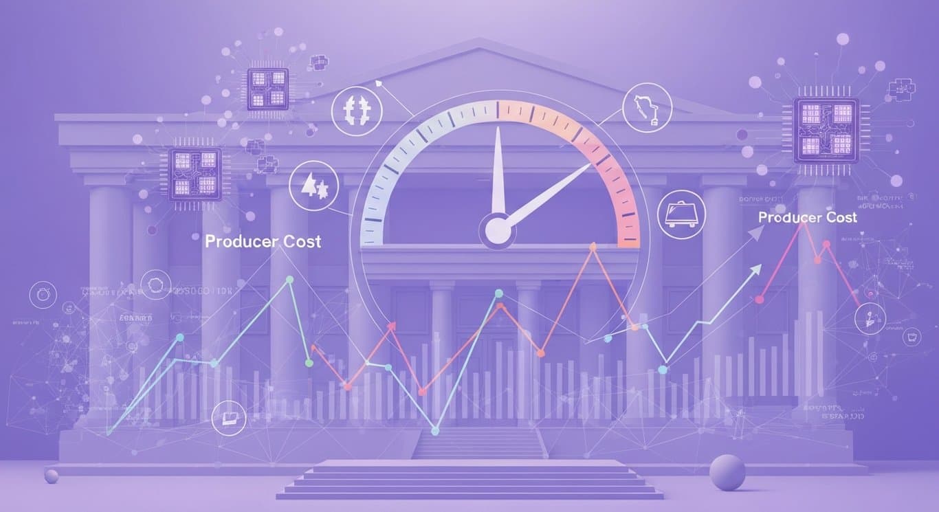 Inflation symbols, energy icons, rising yield curve, and clustered AI chips illustrating concentrated market leadership