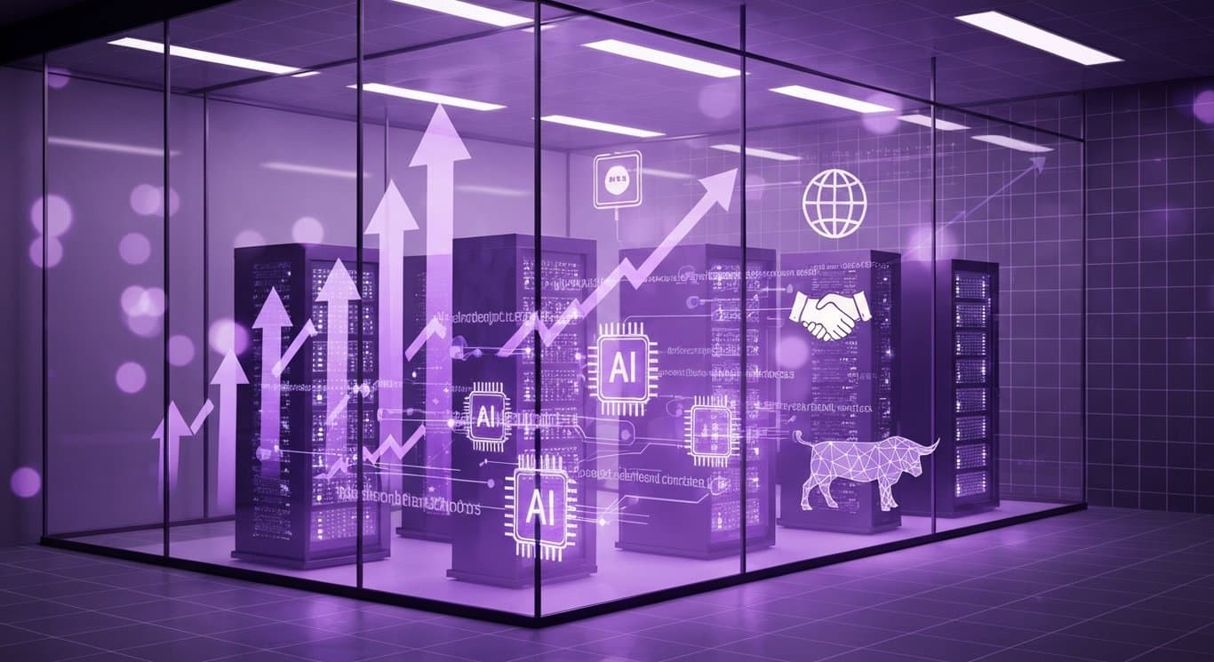 AI hardware demand and tech sector leadership visualization with AI servers, chips, data centers, bullish sentiment, and wide
