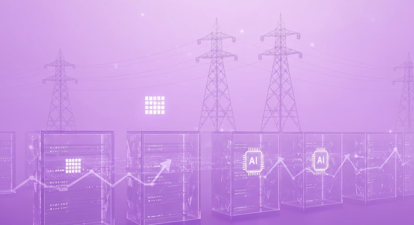 AI infrastructure with data centers, chips, and power grid limits, highlighting investment trends and deployment bottlenecks